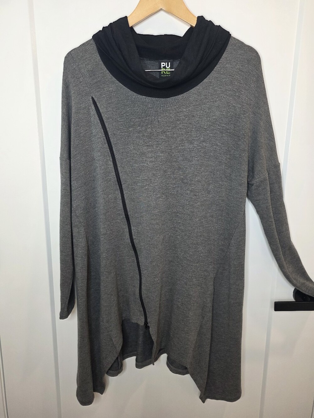 Gray Tunic Top with Black Cowl Neck And Assymetrical Zipper Detail SZ M